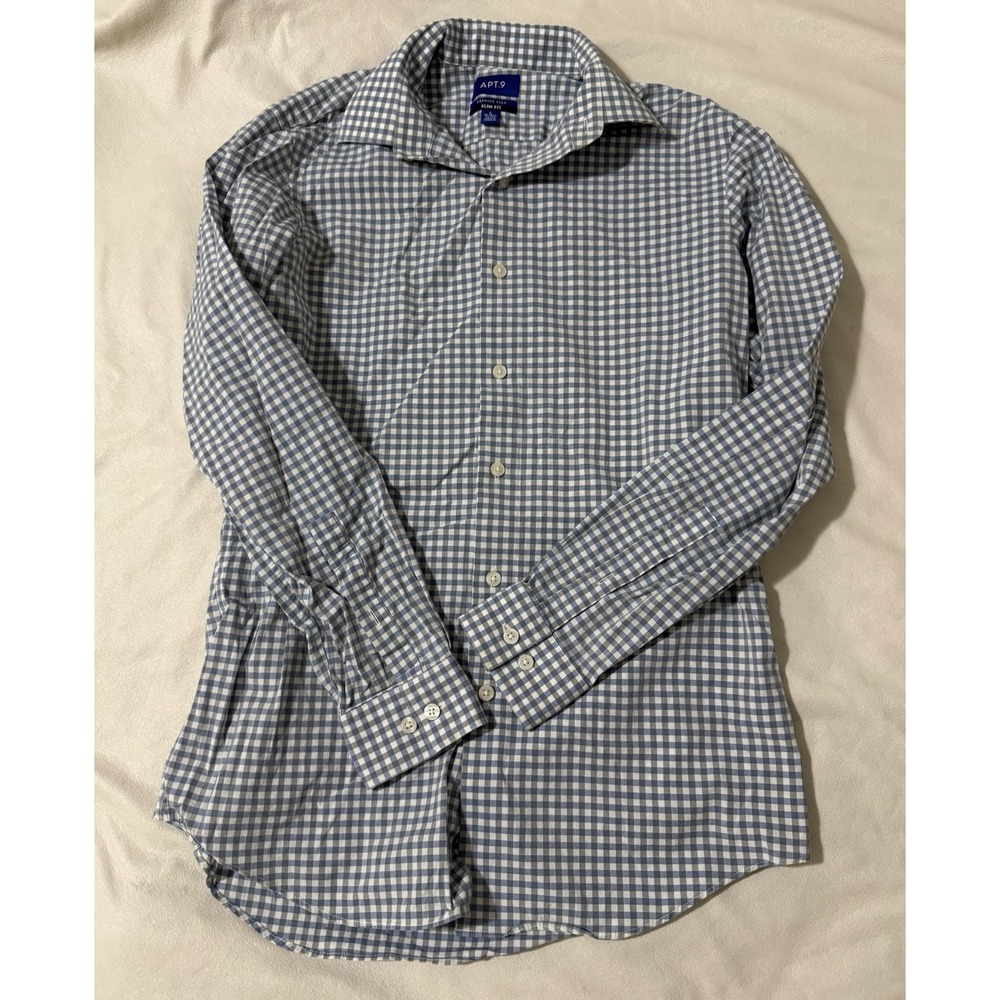 C1, Apt 9 Blue & White Checked 16-16.5 Mens Long Sleeve Button-up Shirt
